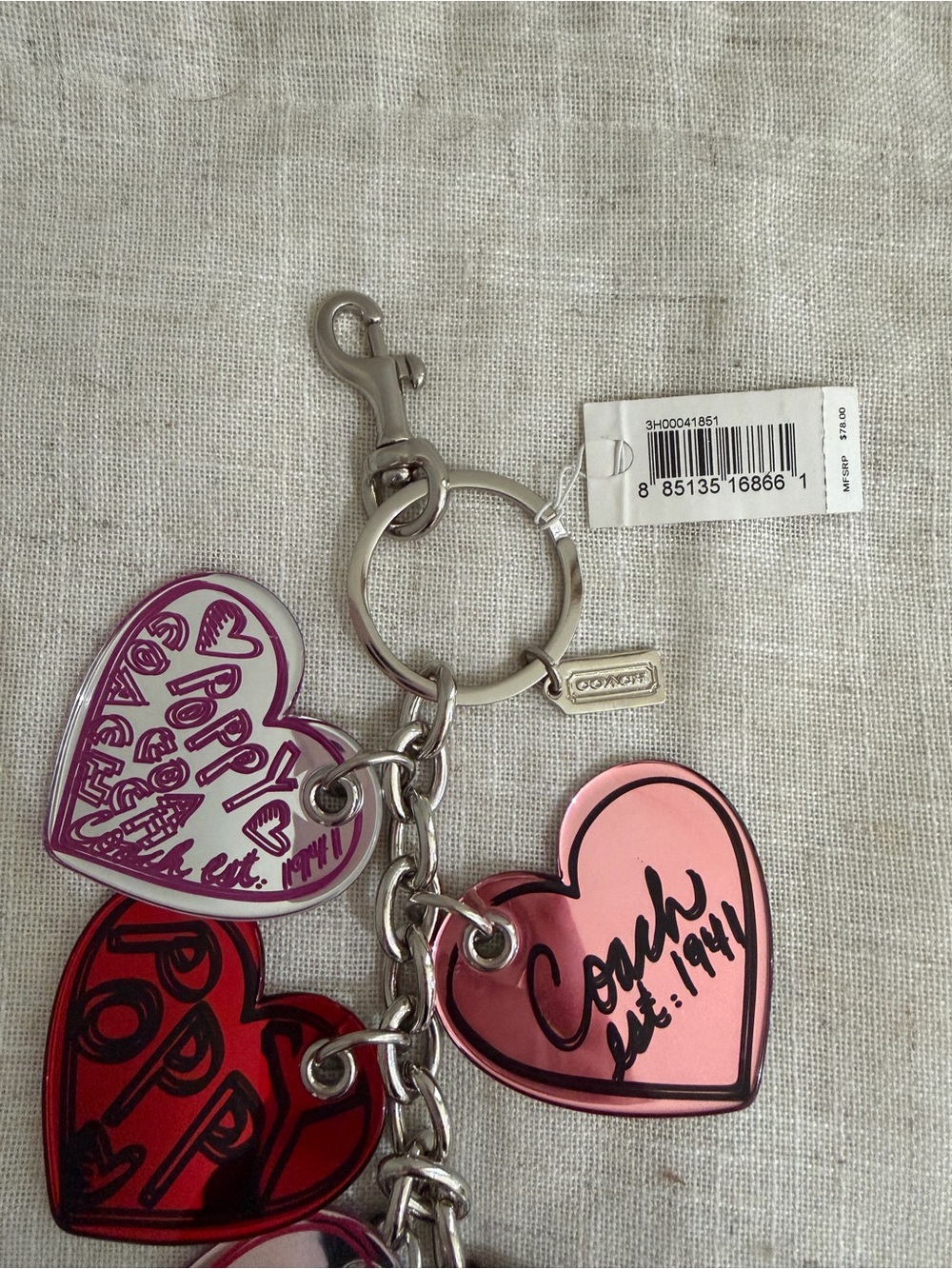 Coach Poppy Multicolor Red and Pink Heart Mirror Charm Keychain NWT - Picture 2 of 4